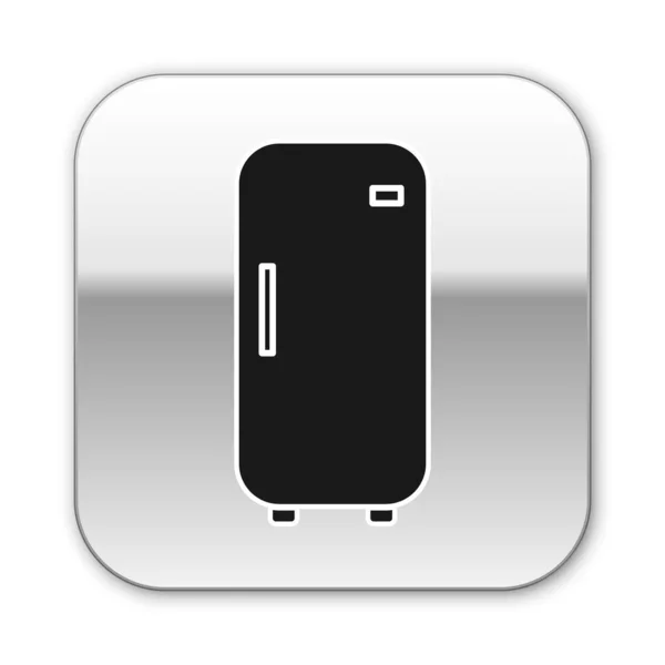 白い背景に隔離された黒い冷蔵庫のアイコン 冷蔵庫の冷蔵庫 家庭用技術と家電製品 シルバーの正方形のボタン ベクトルイラストレーション — ストックベクタ