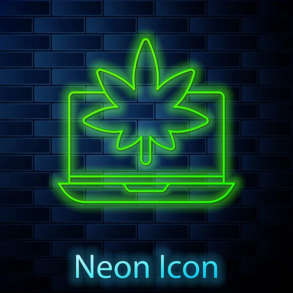 Ligne Lumineuse Néon Ordinateur Portable Marijuana Médicale Icône Feuille Cannabis — Image vectorielle