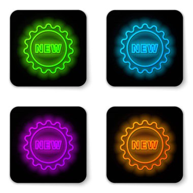 Beyaz arkaplanda izole edilmiş yeni bir simgeyle parlayan neon çizgisi Price etiketi. Rozet fiyatına. Reklam etiketi indirimi. Siyah kare düğme. Vektör İllüstrasyonu