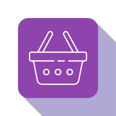 Beyaz çizgi alışveriş sepeti simgesi beyaz arkaplanda izole edildi. İnternetten satın alma konsepti. Servis tabelası. Alışveriş arabası sembolü. Mor kare düğme. Vektör İllüstrasyonu