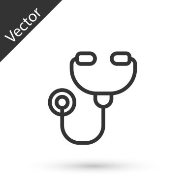 Gri çizgi steteskop tıbbi alet ikonu beyaz arka planda izole edildi. Vektör İllüstrasyonu