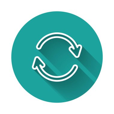 Beyaz çizgi Refresh simgesi uzun gölgeli izole edildi. Sembolü yeniden yükle. Döndürme okları daire işareti şeklinde. Yeşil daire düğmesi. Vektör İllüstrasyonu