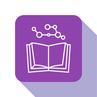 Beyaz çizgi Açık kitap simgesi beyaz arkaplanda izole edildi. Mor kare düğme. Vektör İllüstrasyonu
