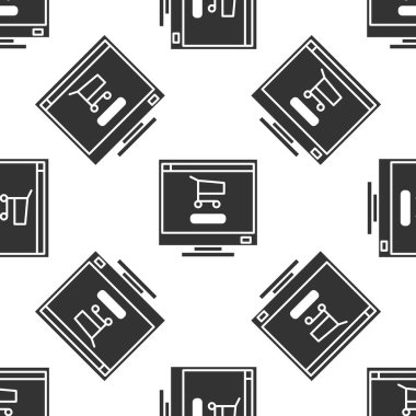 Ekran bilgisayar simgesinde gri alışveriş arabası beyaz arka planda izole edilmiş kusursuz desen. Konsept e-ticaret, e-ticaret, online iş pazarlama. Vektör İllüstrasyonu