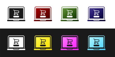 Alışveriş arabasını siyah beyaz arkaplanda izole edilmiş bilgisayar simgesine ayarla. Konsept e-ticaret, e-ticaret, online iş pazarlama. Vektör İllüstrasyonu