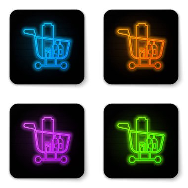 Parlayan neon alışveriş arabası ve beyaz arka planda izole edilmiş yiyecek ikonu. Yiyecek dükkanı, süpermarket. Siyah kare düğme. Vektör İllüstrasyonu