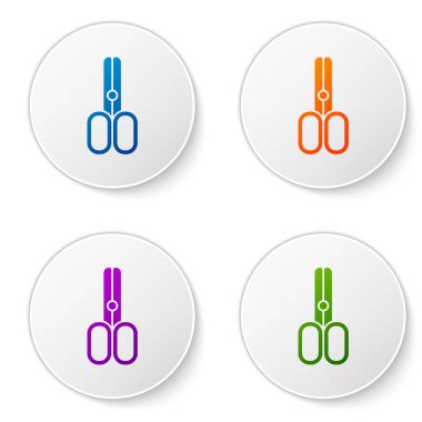 Renkli makas kuaför simgesi beyaz arkaplanda izole edilmiş. Kuaför, moda salonu ve berber tabelası. Berber dükkanı sembolü. Simgeleri daire düğmelerine ayır. Vektör İllüstrasyonu