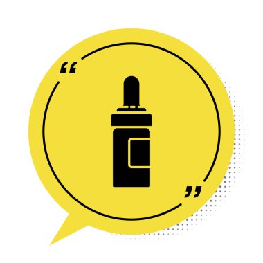 Beyaz arka planda siyah sakal ve bıyıklı yağ şişesi ikonu var. Pipetli cam şişe. Sarı konuşma balonu sembolü. Vektör İllüstrasyonu