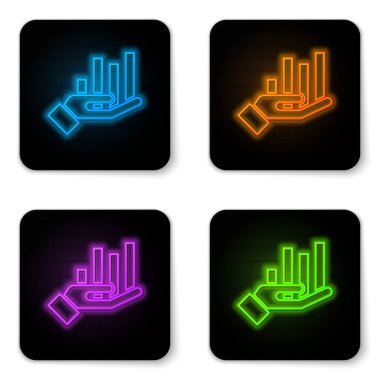 Parlayan neon pasta grafiği bilgi simgesi beyaz arkaplanda izole edildi. Diyagram çizelgesi. Siyah kare düğme. Vektör İllüstrasyonu