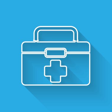 Beyaz çizgi ilk yardım çantası simgesi uzun gölgeli izole edildi. Haçlı sağlık kutusu. Acil durumlar için tıbbi ekipman. Sağlık sigortası konsepti. Vektör İllüstrasyonu