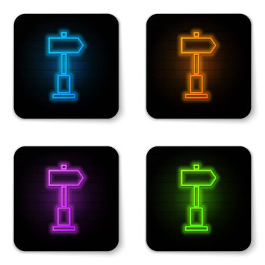 Parlayan neon yol trafik işareti. Beyaz arkaplanda sinyal simgesi izole edildi. İşaretçi sembolü. Sokak bilgi tabelası. Yön tabelası. Siyah kare düğme. Vektör İllüstrasyonu