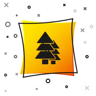 Siyah ağaç simgesi beyaz arkaplanda izole edildi. Orman sembolü. Sarı kare düğme. Vektör İllüstrasyonu