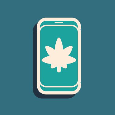 Yeşil cep telefonu ve tıbbi marihuana veya yeşil arka planda izole edilmiş kenevir yaprağı ikonu. İnternetten satın alma sembolü. Süpermarket sepeti. Uzun gölge tarzı. Vektör İllüstrasyonu