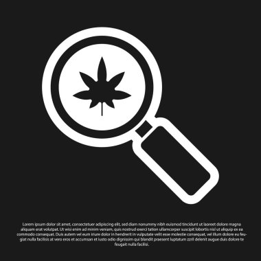 Siyah büyüteç ve tıbbi marihuana ya da siyah arka planda izole edilmiş kenevir yaprağı ikonu. Kenevir sembolü. Vektör İllüstrasyonu