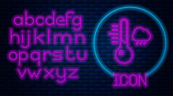 Termômetro Meteorologia Neon Brilhante Ícone Medição Isolado Fundo Parede Tijolo — Vetor de Stock