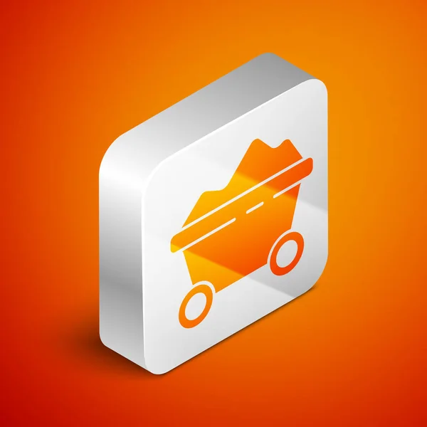 Isometric Coal mine trolley icon isolated on orange background. Factory coal mine trolley. Silver square button. Vector Illustration