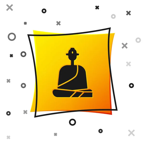 Black Buddhist monk in robes sitting in meditation icon isolated on white background. Yellow square button. Vector Illustration