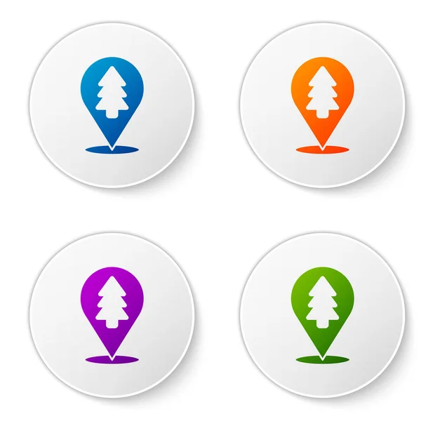 在白色背景上孤立的地图图标上的森林的颜色位置 在圆形按钮中设置图标 病媒图解 — 图库矢量图片