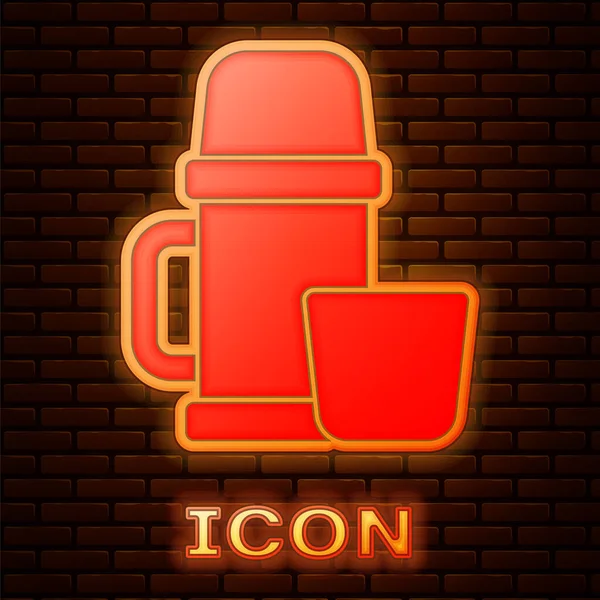 Contenedor Termo Neón Brillante Icono Taza Aislados Fondo Pared Ladrillo — Vector de stock