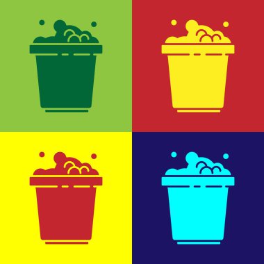 Sabun köpüğü ikonlu Pop Art Bucket renk arkaplanına izole edilmiş. Sulu kase. Çamaşır yıkama, temizlik malzemeleri. Vektör İllüstrasyonu