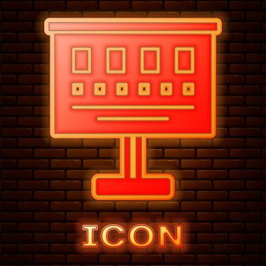 Parlayan neon göz test çizelgesi simgesi tuğla duvar arkasında izole edildi. Optalmik çalışmada görme testi için bir poster. Snellen çizelgesi. Vektör İllüstrasyonu