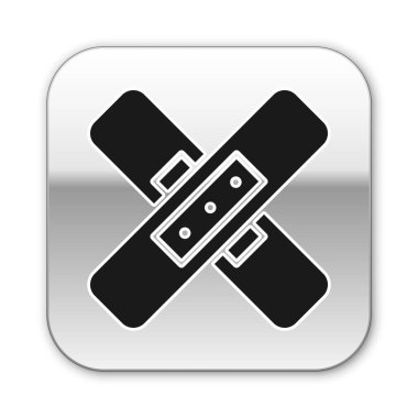 Siyah Haç bandaj alçı ikonu beyaz arka planda izole edildi. Tıbbi alçı, yapıştırıcı bandaj, esnek kumaş bandajı. Gümüş kare düğme. Vektör İllüstrasyonu