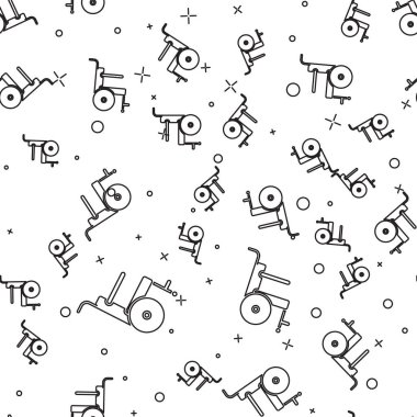 Özürlü kişi simgesi için siyah çizgi tekerlekli sandalye beyaz arka planda izole edilmiş pürüzsüz desen. Vektör İllüstrasyonu