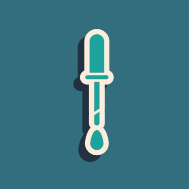 Yeşil Pipette simgesi yeşil arkaplanda izole edildi. Tıbbi elementler, kimya laboratuarı ekipmanları. Damlalı boru. Tıp sembolü. Uzun gölge tarzı. Vektör İllüstrasyonu