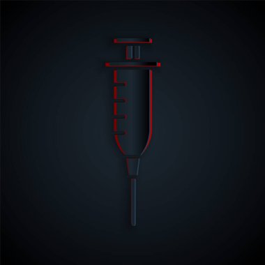 Kağıt kesiği Şırınga simgesi siyah arkaplanda izole edildi. Aşı için şırınga, aşı, iğne, grip aşısı. Tıbbi ekipman. Kağıt sanatı tarzı. Vektör İllüstrasyonu