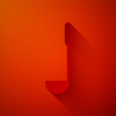 Kağıt kesiği Mutfak kepçesi simgesi kırmızı arkaplanda izole edildi. Mutfak aletleri. Çatal kaşık tabelası. Kağıt sanatı tarzı. Vektör İllüstrasyonu