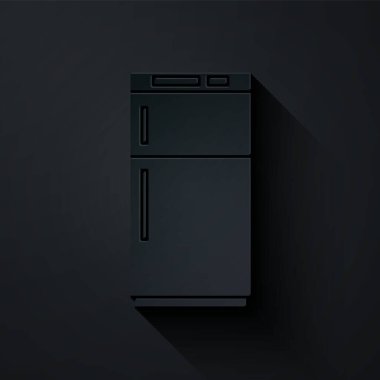 Kağıt kesiği Buzdolabı simgesi siyah arkaplanda izole edilmiş. Buzdolabı buzdolabı. Ev aletleri ve aletler. Kağıt sanatı tarzı. Vektör İllüstrasyonu