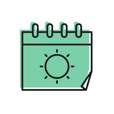 Siyah çizgi takvimi ve güneş ikonu beyaz arkaplanda izole edildi. Olay hatırlatma sembolü. Vektör İllüstrasyonu