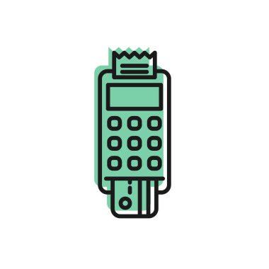 Beyaz arkaplanda siyah çizgi POS terminali ve eklenmiş kredi kartı ve yazdırılmış alıcı simgesi var. NFC ödeme konsepti. Vektör İllüstrasyonu