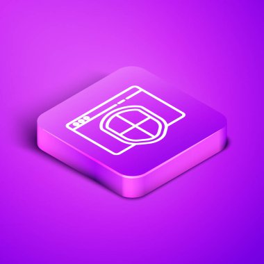 Mor arkaplanda izole edilmiş kalkan simgesi olan Isometric line Browser. Güvenlik, güvenlik, koruma, gizlilik kavramı. Mor kare düğme. Vektör İllüstrasyonu