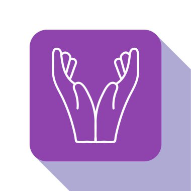 Beyaz çizgi Eller dua pozisyonunda beyaz arkaplanda izole edilmiş ikon. Tanrı 'ya inanç ve umutla dua edin. Mor kare düğme. Vektör İllüstrasyonu