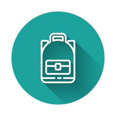 Beyaz çizgi Yürüyüş sırt çantası simgesi uzun gölgeli izole edildi. Kamp ve dağ gezisi sırt çantası. Yeşil daire düğmesi. Vektör İllüstrasyonu