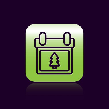 Siyah arkaplanda ağaç simgesi olan siyah çizgi takvimi. Olay hatırlatma sembolü. Mutlu Noeller ve mutlu yıllar. Yeşil kare düğmesi. Vektör İllüstrasyonu