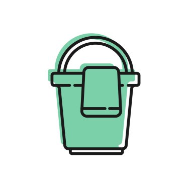 Beyaz zemin üzerinde bez simgesi olan siyah çizgi kovası. Temizlik hizmeti konsepti. Vektör İllüstrasyonu