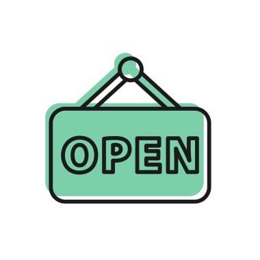 Beyaz arkaplanda izole edilmiş metin açık kapı simgesi ile siyah çizgi asma işareti. Vektör İllüstrasyonu