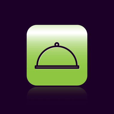 Black line Covered with a tray of food icon isolated on black background. Tray and lid. Restaurant cloche with lid. Kitchenware symbol. Green square button. Vector Illustration