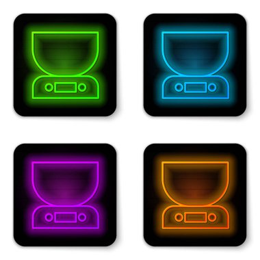 Parlayan neon hattı elektronik ölçek simgesi beyaz arkaplanda izole edildi. Ağırlık ölçüm aletleri. Siyah kare düğme. Vektör İllüstrasyonu