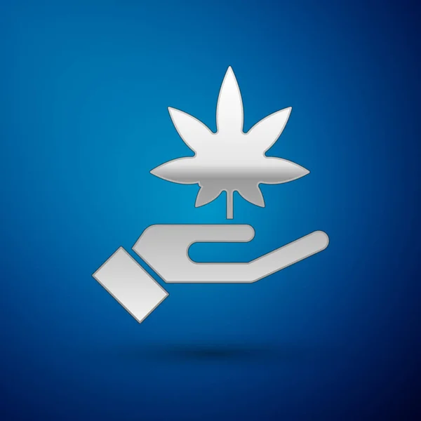 青い背景に隔離されたシルバーメディカルマリファナや大麻の葉のアイコン ヘンプ記号 ベクターイラスト — ストックベクタ
