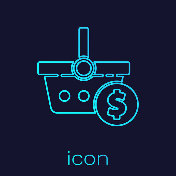 Бирюзовая линия Корзина и символ доллара изолированы на синем фоне. Концепция онлайн-покупки. Служба доставки. Корзина. Векторная миграция
