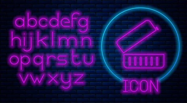 Leuchtende Neon Lunchbox Symbol Isoliert Auf Backsteinwand Hintergrund Neonlicht Alphabet — Stockvektor