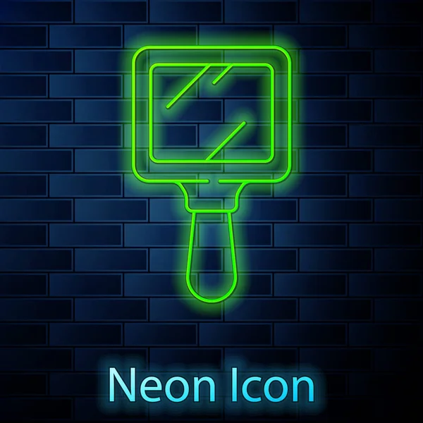 Leuchtende Neon Linie Handspiegel Symbol Isoliert Auf Backsteinwand Hintergrund Vektorillustration — Stockvektor