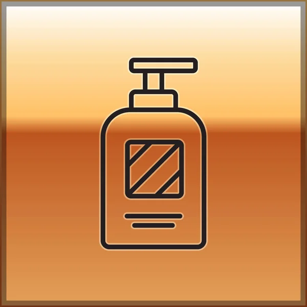 Zwarte Lijn Fles Shampoo Pictogram Geïsoleerd Gouden Achtergrond Vector Illustratie — Stockvector