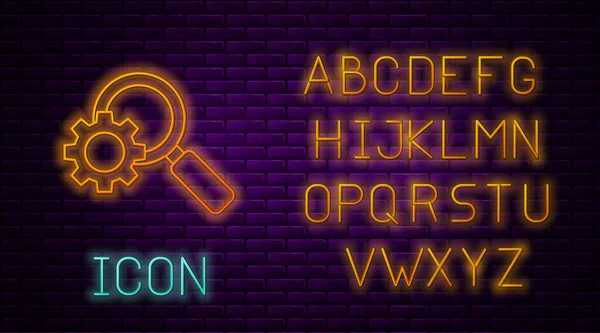 Glowing Neon Line Magnifying Glass Gear Icon Isolated Brick Wall - Stok Vektor