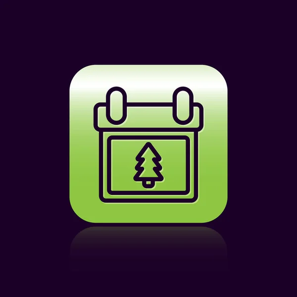ブラックの背景にツリーアイコンが隔離されたブラックラインカレンダー イベントリマインダーシンボル メリークリスマスとハッピーニューイヤー 緑の四角形のボタン ベクターイラスト — ストックベクタ