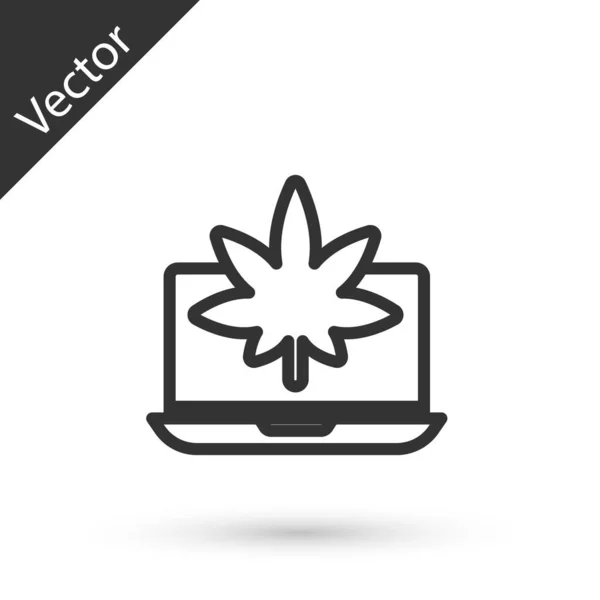 Ligne Grise Ordinateur Portable Marijuana Médicale Icône Feuille Cannabis Isolé — Image vectorielle