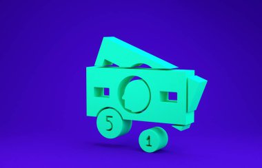 Green Stacks kağıt para ikonu mavi arka planda izole. Para desteleri. Para birimi. 3d illüstrasyon 3B canlandırma